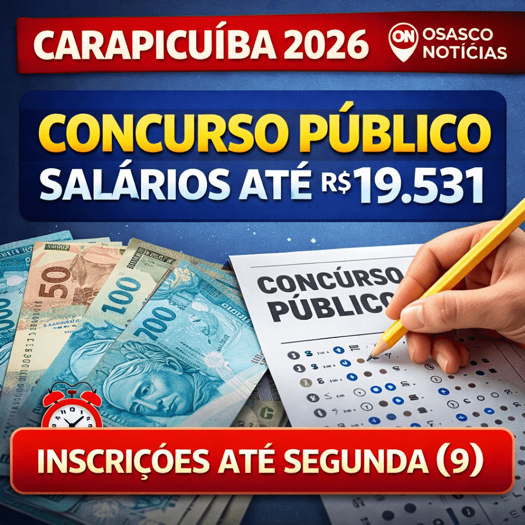 Carapicuíba 2026: Concurso com salários de até R$ 19.531 termina na segunda (9)