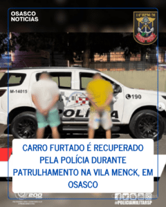 Carro furtado é recuperado pela polícia durante patrulhamento na Vila Menck, em Osasco